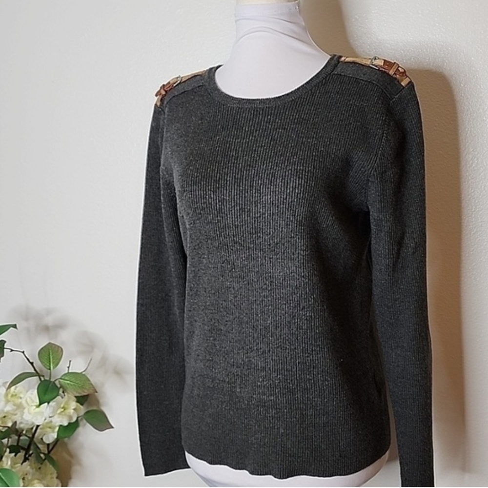 Lauren Ralph Lauren Gray Sweater with Shoulder Strap Accents Check Measurements - Picture 10 of 10